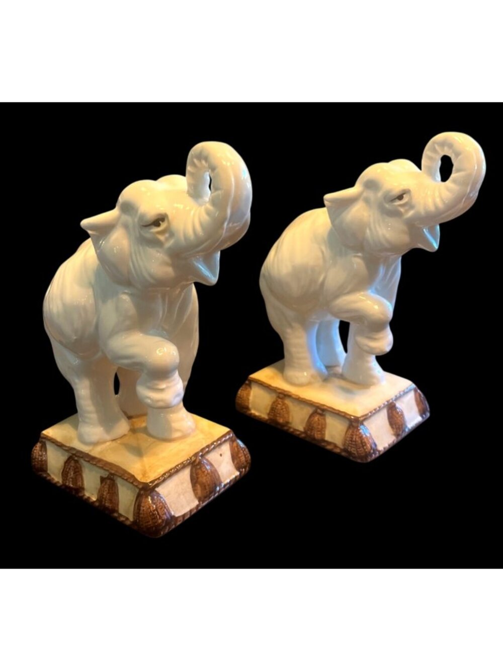 Vtg Fitz And Floyd Ceramic Elephant Bookends Trunks Up MCM